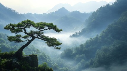 Poster - Majestic pine tree overlooking misty mountain landscape in serene atmosphere : Generative AI