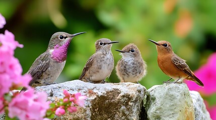 Poster - Charming Group of Colorful Hummingbirds Perched on Stones Surrounded by Vibrant Flowers : Generative AI