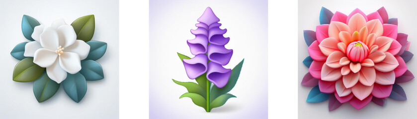 Wall Mural - three stylized flower illustrations: a white blossom with leaves, a purple bell-shaped flower, and a