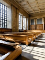 Poster - Spacious and Elegant Courtroom Interior with Wooden Seating Under Soft Natural Light : Generative AI