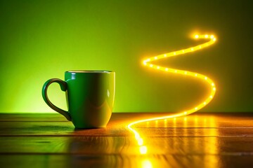 Poster - Night Photography: Green Mug Trail on Yellow Negative Space Background