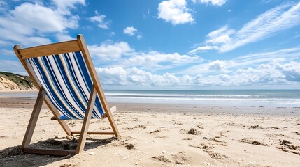 Poster - Beach Relaxation Scene with Striped Deck Chair Under Clear Blue Sky : Generative AI