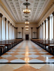 Poster - Elegant and Spacious Interior Hall with Decorative Chandeliers and Tall Windows : Generative AI