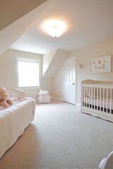 Poster - Bright and Cozy Nursery Room Decorated with Soft Pastel Colors and Adorable Stuffed Animals : Generative AI