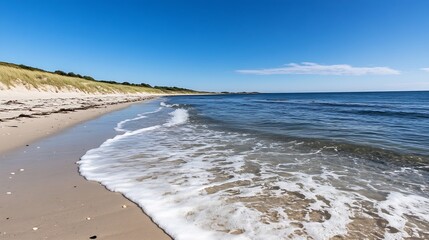 Poster - Picturesque sandy beach shoreline with gentle waves under a clear blue sky for a perfect summer getaway : Generative AI