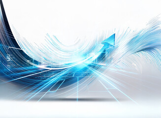 Poster - Abstract blue arrow soaring upwards with dynamic white lines, conveying progress and growth on a clean bright background.