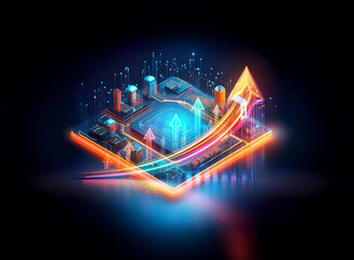 Poster - isometric glowing platform with circuits and upward arrows, symbolizing technology, data streams, an