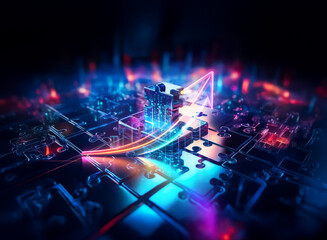 Poster - Abstract digital tech with glowing lines and shapes, futuristic circuits, and vibrant neon lights.