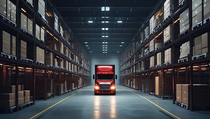 Poster - Truck Drives Through Warehouse Aisles Filled with Cargo Boxes Efficiently at Night