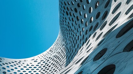 Poster - Dynamic curves of a modern building rise upward, revealing intricate patterns of circular cutouts. A clear blue sky enhances the striking architectural design, symbolizing contemporary elegance