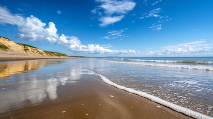 Poster - Scenic Beach with Soft Waves Reflecting Blue Sky and Beautiful Clouds : Generative AI