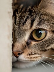 Poster - Close Up of Playful Tabby Cat Eye Peeking from Behind a Wall with Intriguing Expression : Generative AI