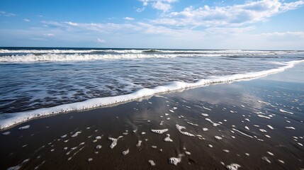 Poster - Serene Beach Waves Caressing the Shore Under a Bright Blue Sky : Generative AI
