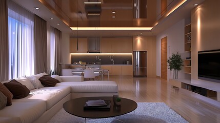Aufkleber - Modern bright living room with stylish furniture and spacious kitchen design for contemporary homes : Generative AI