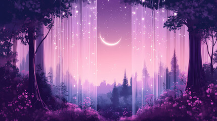 Poster - Mystical forest backdrop with towering trees, twinkling fairy lights, and a crescent moon rising behind a gauzy, lavender-hued silk curtain. Otherworldly Glow Towers. Illustration