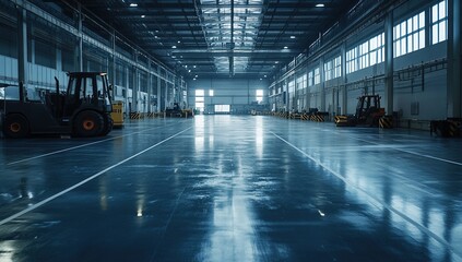 Poster - Exploring Vast Industrial Warehouse Interior with Forklifts Idly Parked, Reflecting Light on Polished Floors.