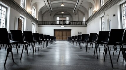 Poster - Empty Hallway with Rows of Black Chairs and Striking Architectural Features : Generative AI