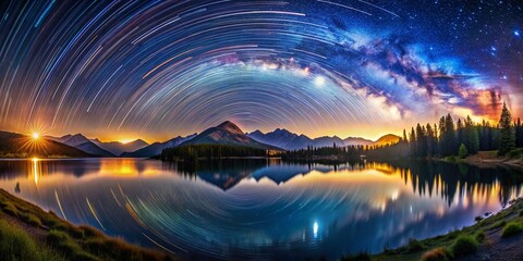 Wall Mural - Panoramic Night Landscape: Star Trails Over Serene Mountain Lake