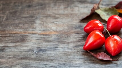 Aufkleber - Fresh ripe vibrant red fruits arranged on rustic wooden background with autumn leaves : Generative AI