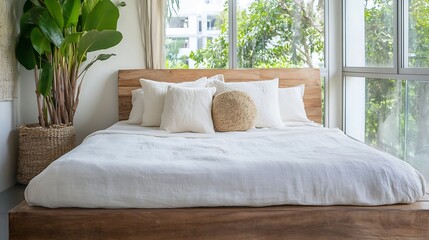 Aufkleber - Cozy and Inviting Bedroom with Natural Light and Neutral Tones for Relaxing Retreat : Generative AI