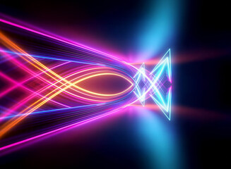 Aufkleber - abstract neon lines in pink, orange, blue, and light blue converge then diverge on a dark backdrop, 