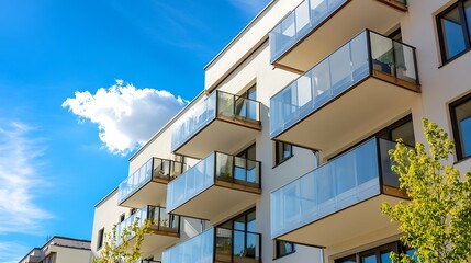Poster - Modern Residential Building with Spacious Balconies Under Clear Blue Sky : Generative AI