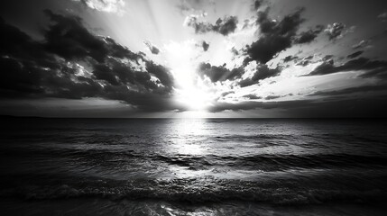 Poster - Dramatic Black and White Sunset Over Calm Ocean Waves : Generative AI
