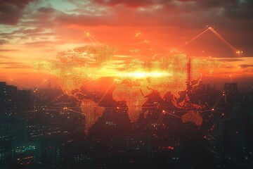 Poster - Global Network: Interconnected World, Cities Illuminate, Sunset's Golden Hues