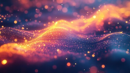 Poster - Glowing Particle Waves Dance Across Dark Background, Creating Abstract Art with Vivid Colors and Shimmering Effects, Evoking a Sense of Wonder.