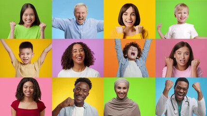 Poster - A vibrant collage of diverse individuals, both children and adults, expressing joy and triumph. Each person showcases emotions of happiness, celebration, and victory against colorful backgrounds.