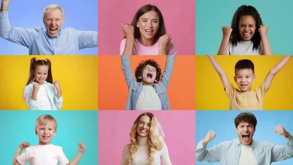 Poster - A joyful collection of individuals, both adults and children, display emotions of success and happiness. They celebrate in a vibrant setting, showcasing a range of winning gestures and smiles.