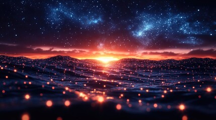 Wall Mural - Ocean sunrise, starry night, glowing waves, digital art