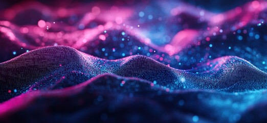 Poster - Abstract Particle Waves: Vivid Neon Colors Dance Across a Digital Landscape, Showing Dynamic Energy and Technological Innovation.