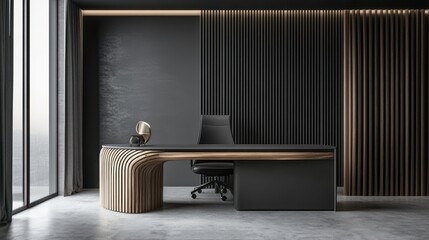 Wall Mural - Modern office interior with sleek black desk, wooden accents, and large window.