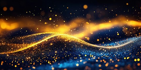 Poster - Golden and Blue Particles Flowing Dynamically in Abstract Wave, Creating a Luxurious, Sparkling Visual Masterpiece.
