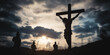 © Mariana Mejia - Jesus christ being crucified on the cross with roman soldiers watching during sunset