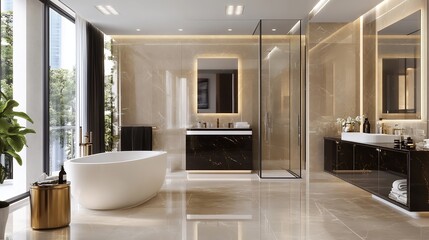 Aufkleber - Luxurious Modern Bathroom with Elegant Finishes and Natural Light : Generative AI