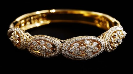 Poster - Elegant and Luxurious Gold Bracelet with Diamonds on Black Background : Generative AI