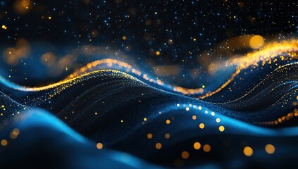 Poster - Abstract Blue and Gold Particle Waves Flowing Dynamically Across Screen, Creating a Stunning Visual Experience