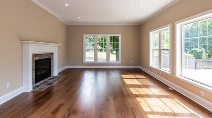 Poster - Spacious bright living room with wooden floors and elegant natural light streaming through windows : Generative AI