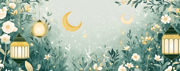 Wall Mural - Lanterns and crescent moons nestled in a whimsical garden