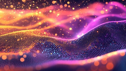 Poster - Vibrant Particle Waves Dance Across the Screen, Shimmering with Colorful Lights and Glowing Effects.