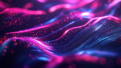 Poster - Abstract Waves of Light: Dynamic Pink and Blue Glowing Particles Dance Across the Screen, Evoking a Sense of Wonder and Technological Advancement.