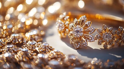 Poster - Shimmering gold jewelry set displayed artistically with flowers and sparkles : Generative AI