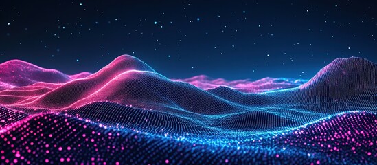 Poster - Abstract Digital Landscape: Glowing Particle Waves Flowing Dynamically Across a Neon, Futuristic Terrain with Vibrant Colors
