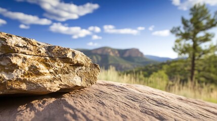 Poster - Natural Rock Formation with Scenic Mountain Background Under Blue Sky : Generative AI