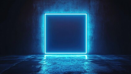 Poster - Glowing Neon Square Frame Illuminates Dark Room, Abstract Blue Light Installation Art Design, Modern Futuristic Background Scene
