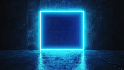 Poster - Neon Blue Square Glows in Dark Room, Futuristic Sci-Fi Vibe, Abstract Glowing Light Installation Art