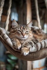 Poster - Cute tabby cat relaxing in a cozy hanging hammock with a serene backdrop : Generative AI