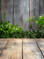 Poster - Natural Wooden Tabletop with Green Plants and Rustic Background : Generative AI